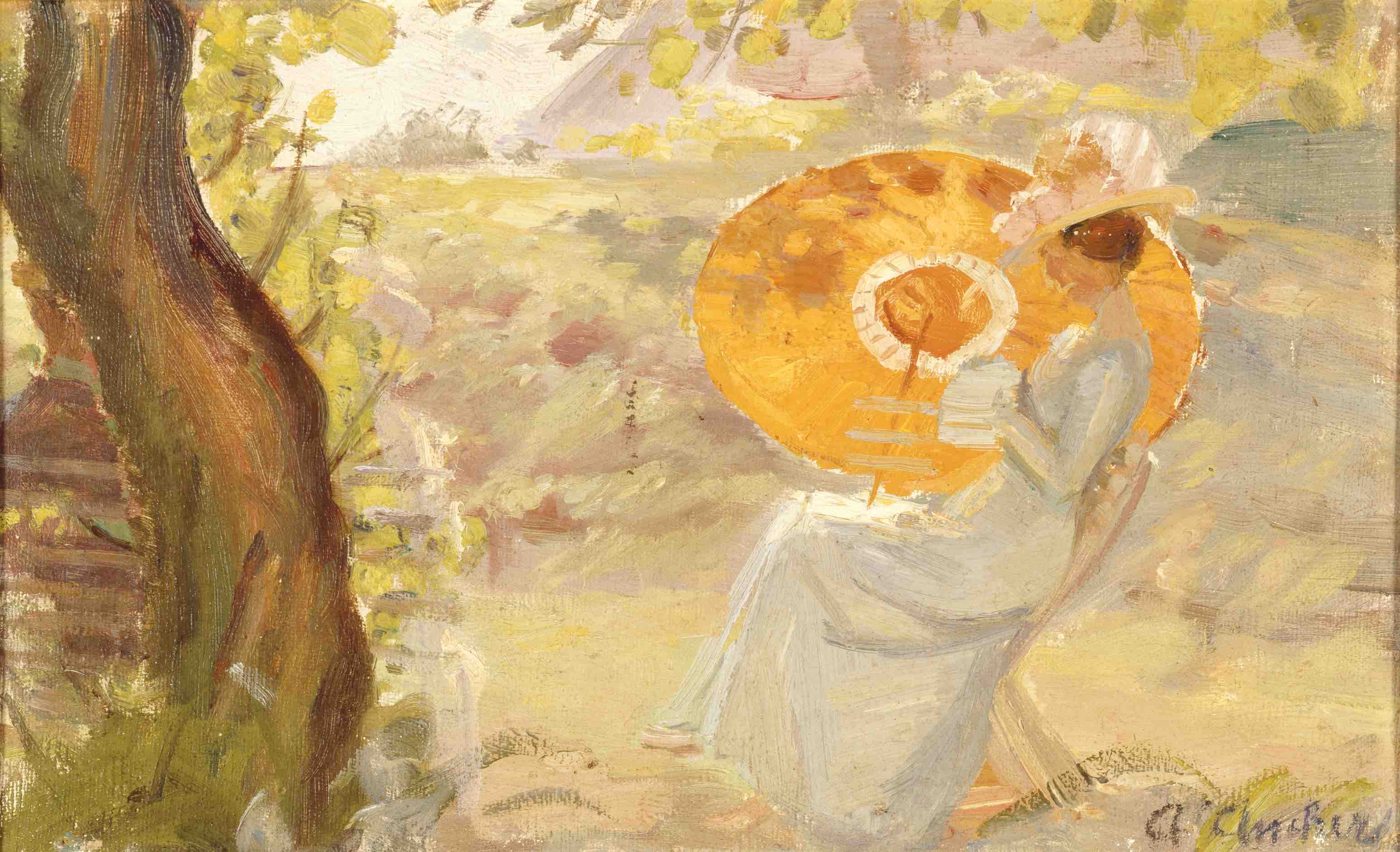 Anna Ancher, Ung pige i haven med orange parasol, ca. 1915-20 (udsnit)